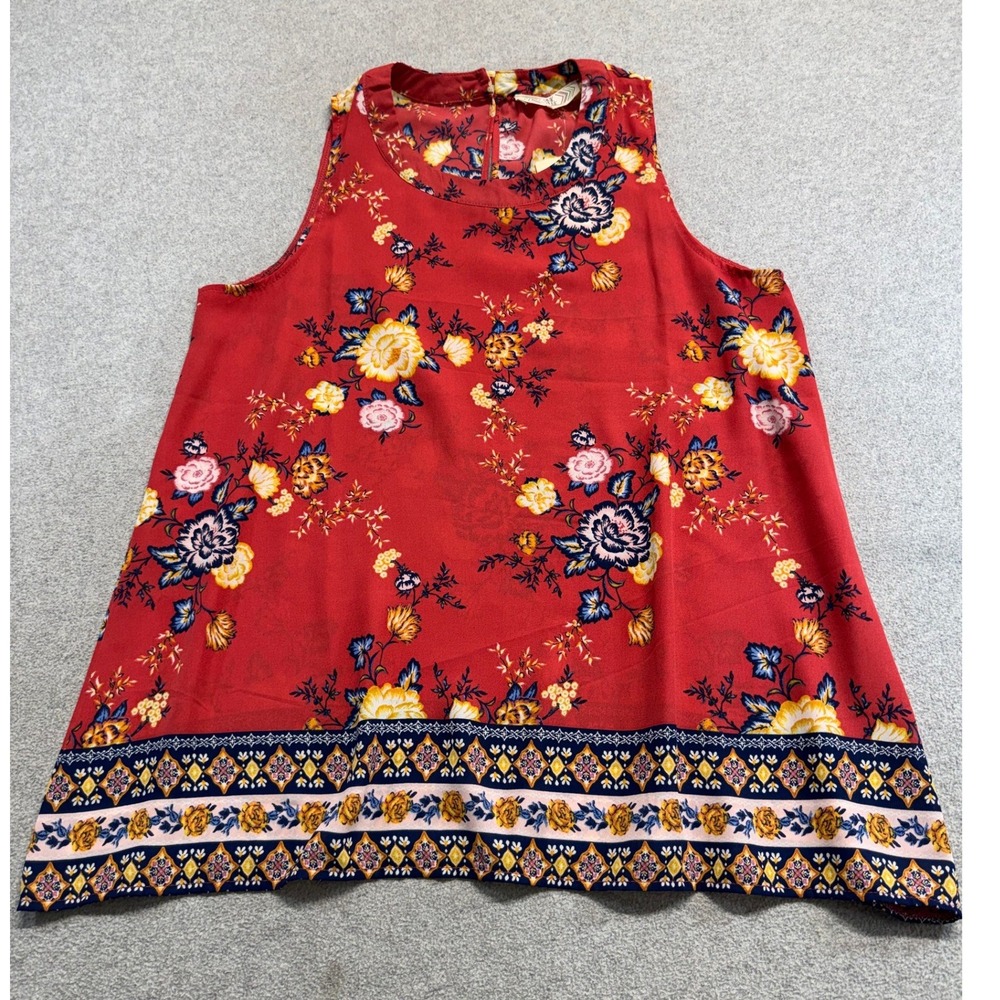 Pink Rose Women L Floral Border Print Sleeveless Blouse NWT Boho Red Cottagecore